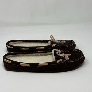 LL Bean Slippers Womens 10 Brown Pink Bow Sherpa Lined Comfort Moccasins